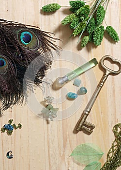 Peacock Feathers With Green Beads and Green and Copper Butterfly Broach on Wooden Background