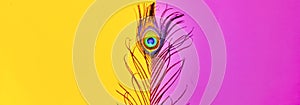 peacock feathers on pink background,peacocks  tail on yellow background, text space ,written text space