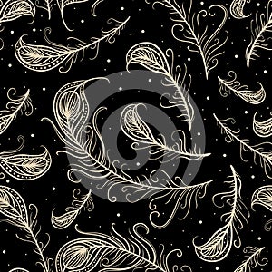 Peacock feathers. Vintage hand drawn seamless pattern.