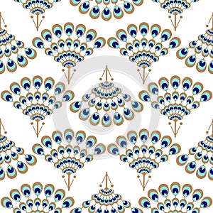 Peacock geometric wave fan seamless vector pattern.