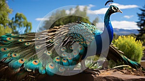 A peacock with its tail feathers spread out. Generative AI.