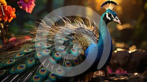 A peacock with its tail feathers spread out. Generative AI.