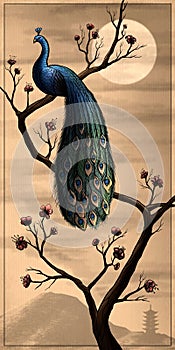A Peacock with a large emerald tail sits on a blooming sakura against the backdrop of a mountain with a high tower. Eastern