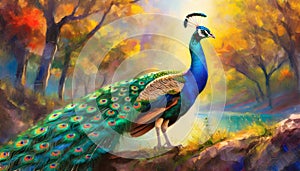 A peacock with a majestic tail. AI art generated