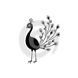 Peacock. Peacock simple black and white line art vector logo