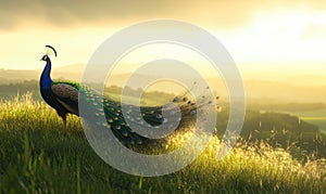 A peacock is standing in a field of grass
