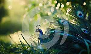 A peacock is standing in a field of grass