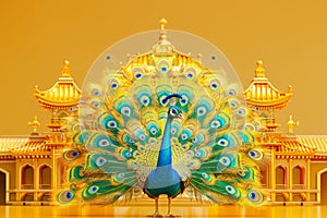 A peacock stands in front of a gold building with a blue roof with Generative AI