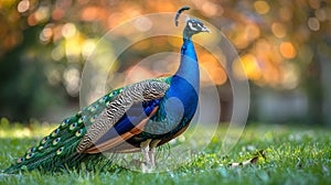 Peacock stands grass tail spread