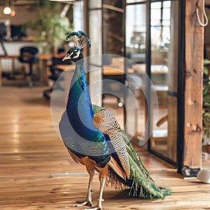 A peacock in a startup office displaying creativity and flamboyance in new ventures photo
