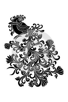 Peacock stencil design black doodle print, engraved retro pattern  decorative design tattoo black and white filigree calligraphic