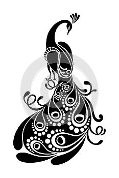 Peacock stencil design black doodle print, engraved retro pattern  decorative design tattoo black and white filigree calligraphic