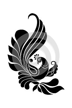 Peacock stencil design black doodle print, engraved retro pattern  decorative design tattoo black and white filigree calligraphic