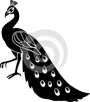Peacock stencil design black doodle print, engraved retro pattern decorative design tattoo black and white filigree calligraphic