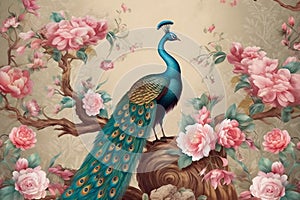 Peacock Tail Feathers and Colorful Flowers on Leather Damask Background - 3D Wallpaper for Home Decor