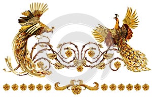 Pavone antico d'oro quadri rose fiori lusso illustrazioni 