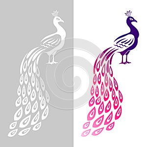 Peacock wedding symbol. Abstract peecoock design cutting signs, monochrome and color decorative peachock birds, indian