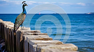 Peacock On Wooden Walkway: A Captivating Photo Of Nature\'s Beauty photo