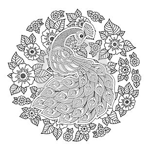 Peacock in zentangle style. Adult antistress coloring page.