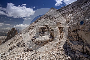 Peak ahead! Hiking trail heading towards Tofana di Rozes summit during fantastic weather