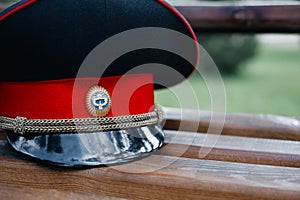 Peak-cap of the Kyrgyz policeman. close up view