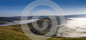 Peak District, Derbyshire, morning mist in Hope valley and Edale, seen from Mam Tor