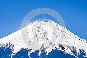 Peak of mount Fuji with snow cover on the top