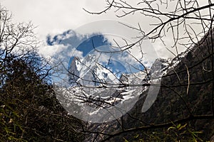 Peak of Mount Machapuchare or popularly known as Fish Tail as viewed from Bamboo village, Nepal