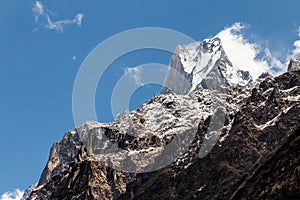 Peak of Mount Machapuchare or popularly known as Fish Tail as viewed from Bamboo village, Nepal