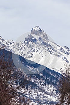 Peak of mount Ushba in Caucasus Mountains, Svanetia region in Ge