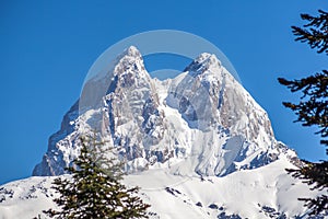 Peak of mount Ushba in Caucasus Mountains, Svanetia region in Ge