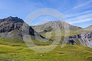 peak of Sandhubel mountain in blue sky near Arosa in summer