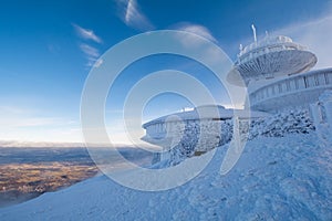 Peak of Sniezka mountain in Giant Mountains in Poland and Czech republic border during winter