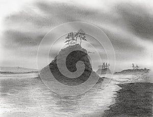 Peak with trees over sea bay with cloudy sky