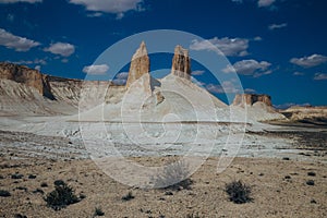 Peaked rocks and chines in Bosjira mountain canyon, plateau Ustyurt, Kazakhstan desert