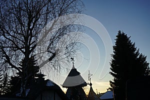 Peaked rooftops with wind direction indicators at sunset. Berlin, Germany