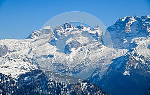 Peaks of the Brenta Dolomites covered with snow at the Madonna di Campiglio Ski Resort