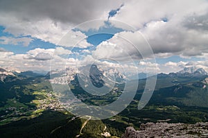 Peaks of of Dolomites mountain in Italy in a sunny day from a observation deck