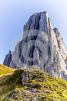 Peaks and geological formations in the Alpstein mountain range in Appenzell, Switzerland