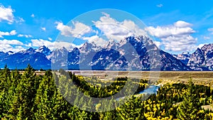 The peaks of The Grand Tetons behind the winding Snake River viewed from the Snake River Overlook photo