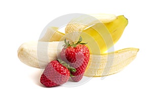 Pealed Banana and Strawberries on a White Background