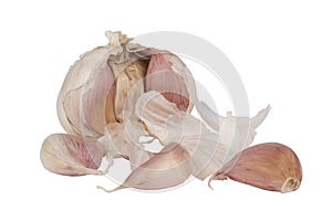 Pealed garlic with three cloves isolated on white