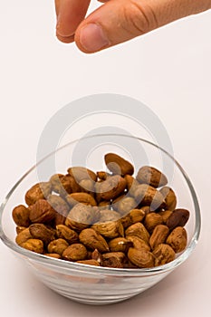 Pealed hazelnuts in the glass bowl