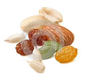 Peanut, almond nut, raisins, sunflower and green pumpkin seeds isolated on white background