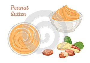 Peanut butter in bowl and nuts set. Swirl of sweet nutty cream.