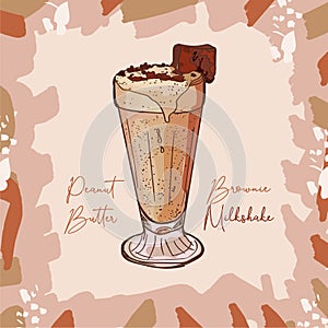 Peanut Butter Brownie Milkshake recipe. Menu element for cafe or restaurant with milk fresh drink. Fresh cocktail for healthy life