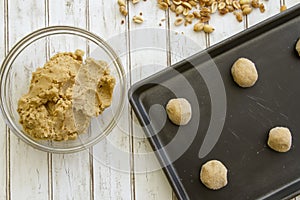 Peanut butter cookie dough on baking sheet