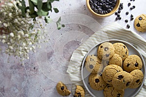 Peanut butter cookies with chocolate chips, top view, copy space