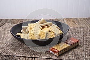 peanut butter crackers,barnwood table