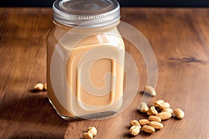 Peanut butter in a glass jar with peanuts on a wooden background. healthy food concept. Generative AI